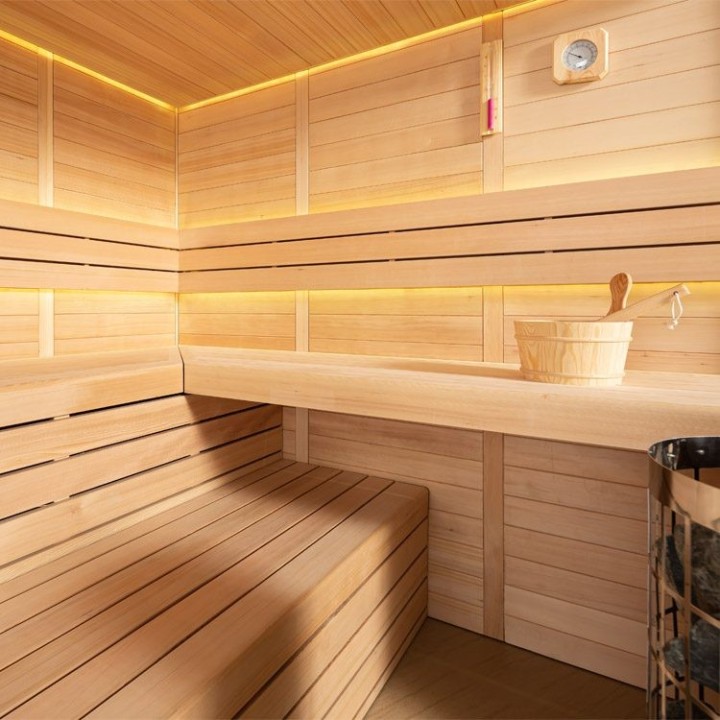 Finská sauna EAGO AWT B1611B hemlock 200×200 9 kW Virta Bi-O