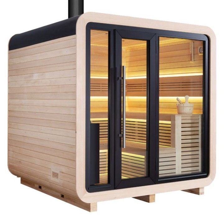 Zahradní sauna EAGO AWT THE CUBE X2 hemlock 225×225 s kamny Harvia na dřevo