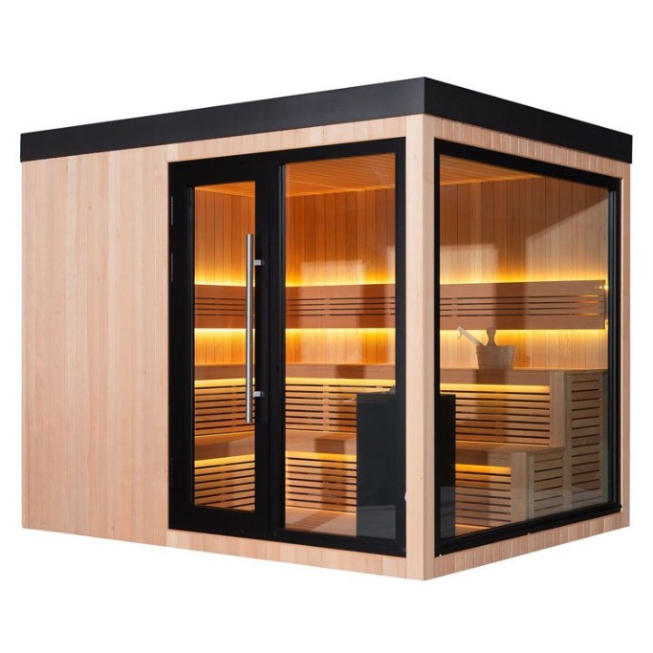 Zahradní sauna EAGO AWT Saunahaus THE CUBE X7-R za hemlock 300×635 12 kW EOS BiO-Cubo