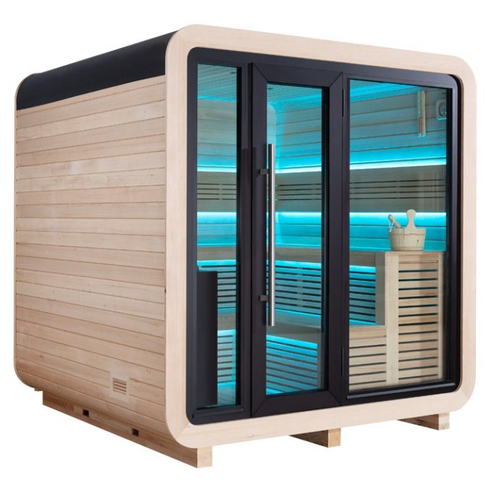 Zahradní sauna EAGO AWT Saunahaus THE CUBE X2 hemlock 225×225 9 kW EOS BiO-Cubo