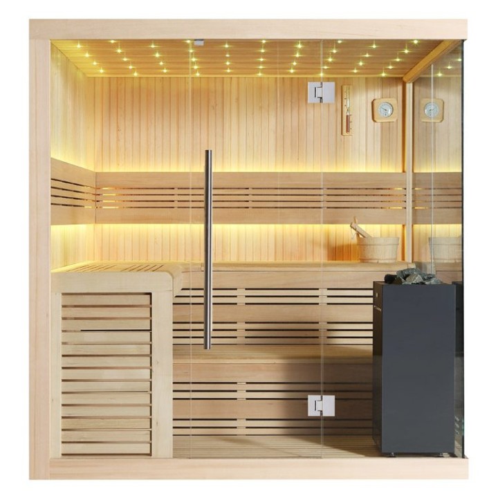 Finská sauna EAGO AWT B1115C hemlock 180×180 9 kW Virta Bi-O