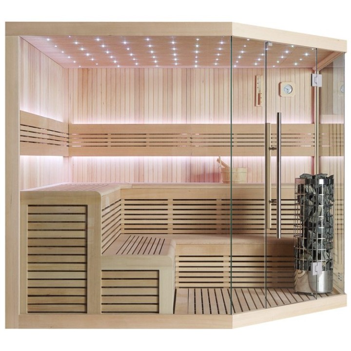 Finská sauna EAGO AWT E1111 XL hemlock 250×250 9 kW Virta