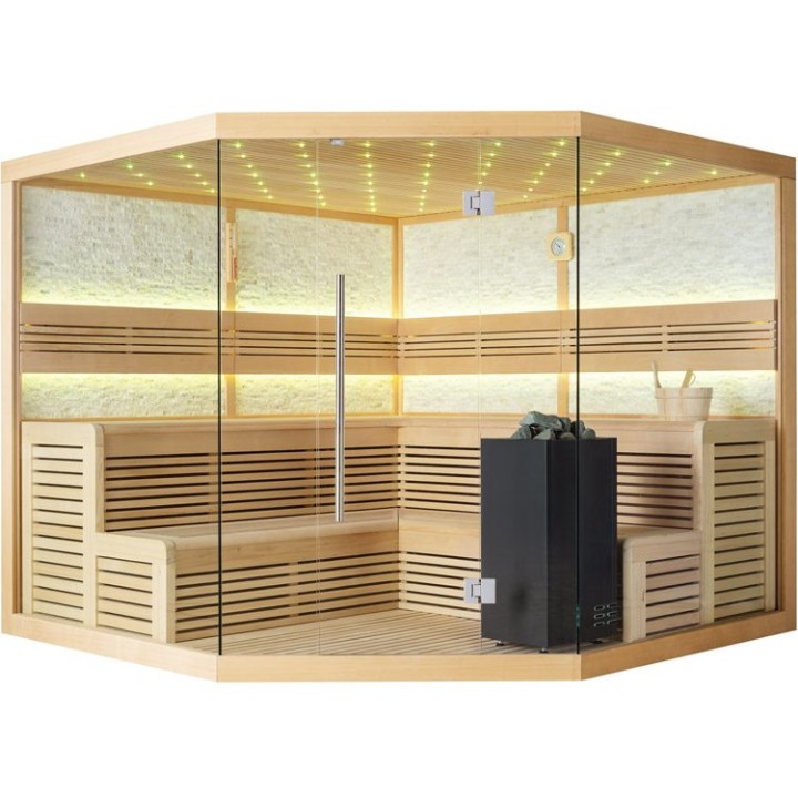 Finská sauna EAGO AWT B1101 XL hemlock 250×250 9 kW EOS BiO-Cubo