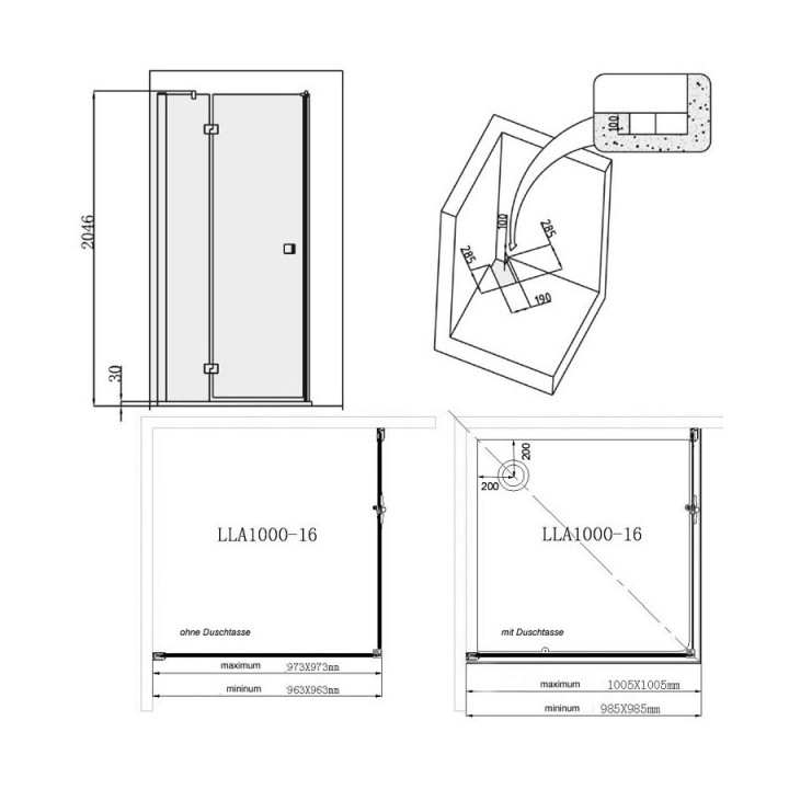 Sprchový kout Eago LLA1000-16 levá verze 100x100x202 (bez vaničky)