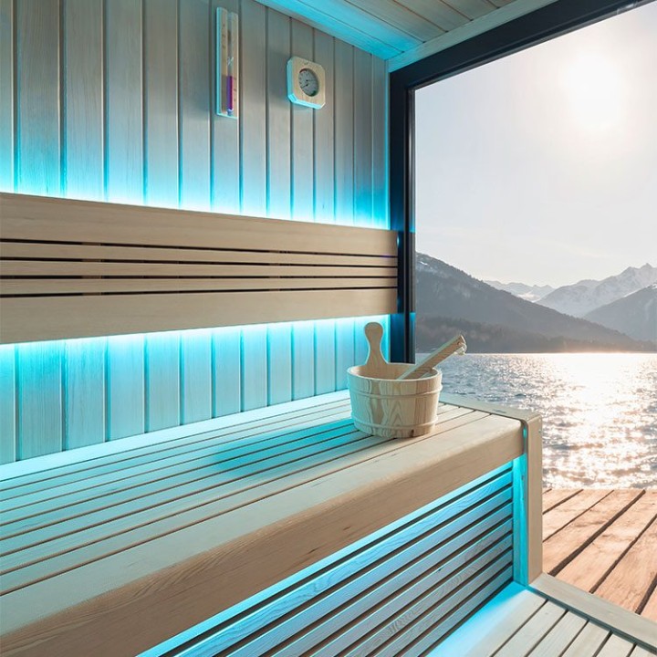Zahradní sauna EAGO AWT Saunahaus THE CUBE X6 hemlock 300×235 12 kW EOS Cubo