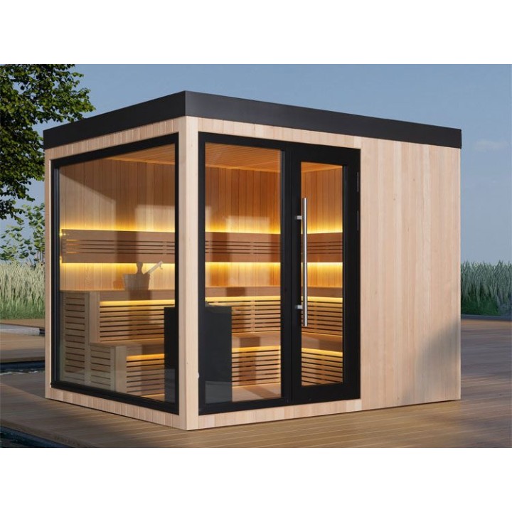 Zahradní sauna EAGO AWT Saunahaus THE CUBE X7-L hemlock 300×235 12 kW EOS Cubo