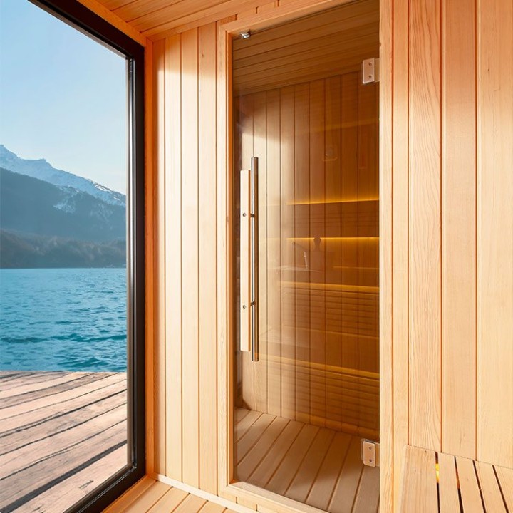 Zahradní sauna EAGO AWT Saunahaus THE CUBE X6 hemlock 300×235 bez kamen