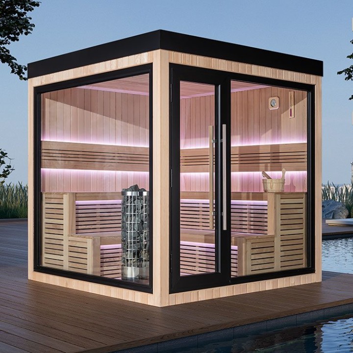 Zahradní sauna EAGO AWT Saunahaus THE CUBE X5-L hemlock 235×235 9 kW Cilindro