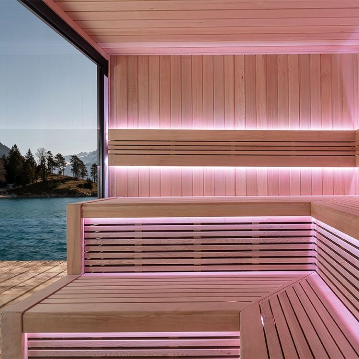 Zahradní sauna EAGO AWT Saunahaus THE CUBE X5-L hemlock 235×235 9 kW Cilindro