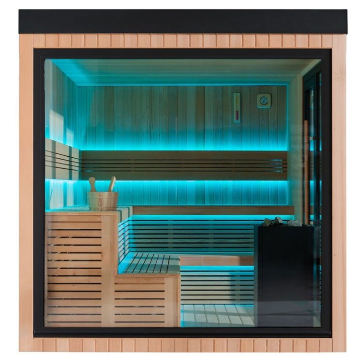 Zahradní sauna EAGO AWT Saunahaus THE CUBE X7-L hemlock 300×235 12 kW EOS BiO-Cubo