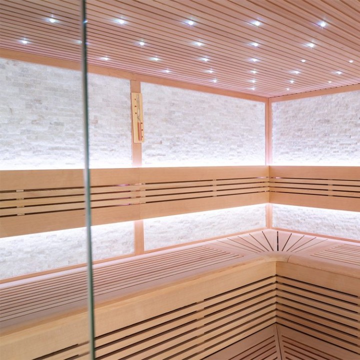 Finská sauna EAGO AWT B1101 XL hemlock 250×250 9 kW EOS BiO-Cubo