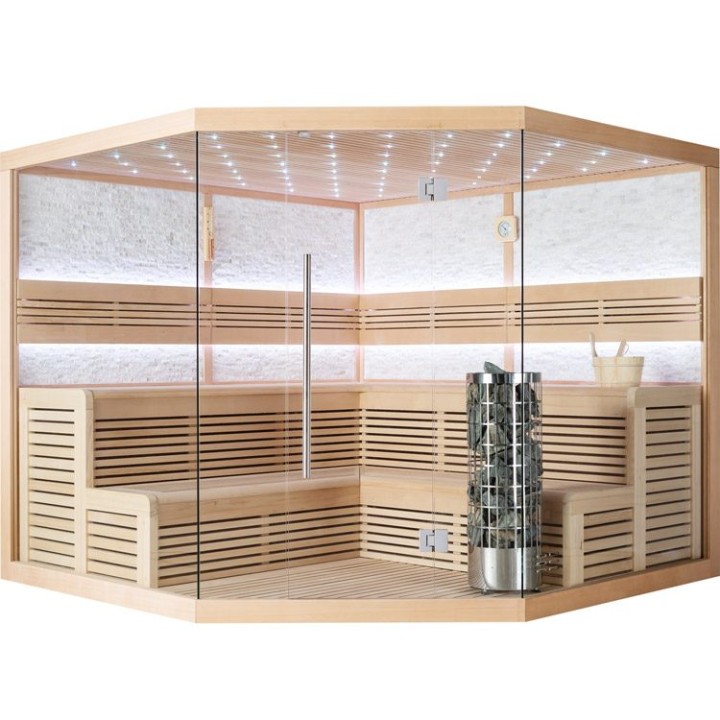 Finská sauna EAGO AWT B1101 XL hemlock 250×250 9 kW Virta Bi-O