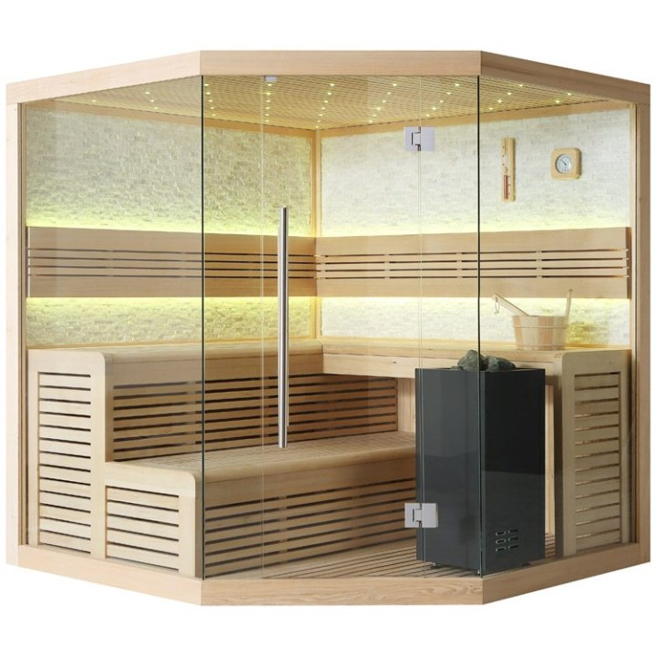 Finská sauna EAGO AWT B1101B hemlock 200×200 9 kW Virta Bi-O