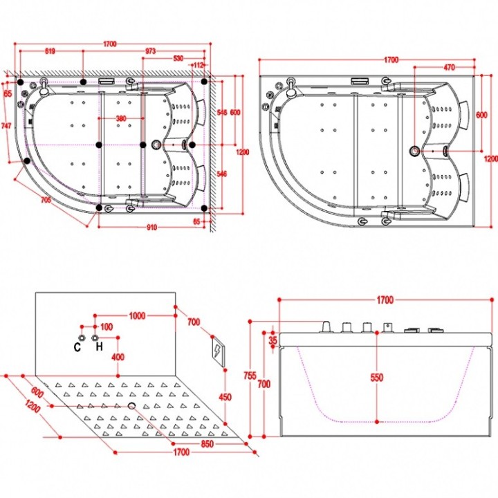 Hydromasážní vana Mocoori Rosemary Turbo Levá verze 170x120x75,5cm